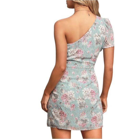 Lulus Way to Wow Dusty Blue Floral Print One Shoulder Faux-Wrap Dress Sz L - Picture 4 of 16